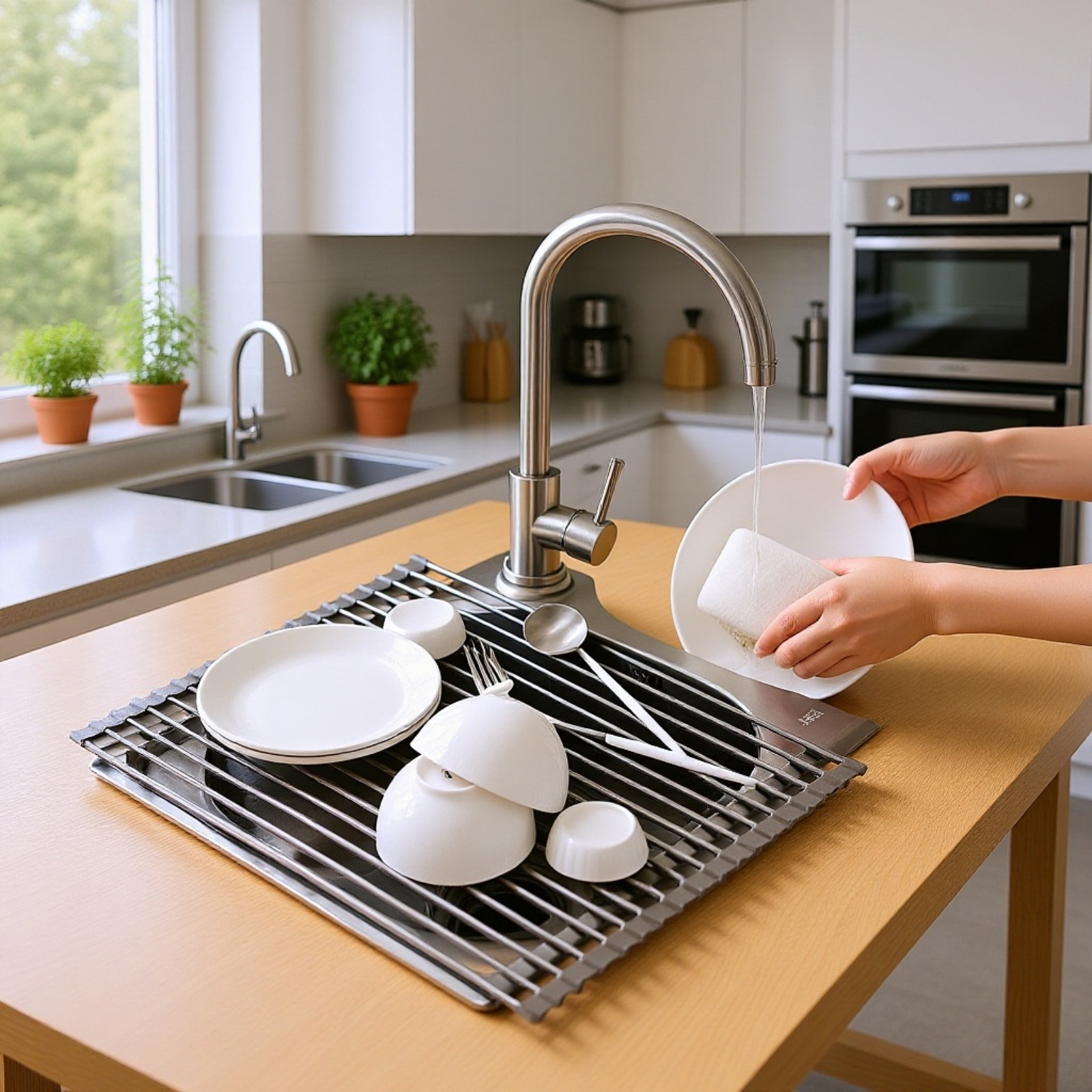 Close-up of silicone foldable drain rack for dishes