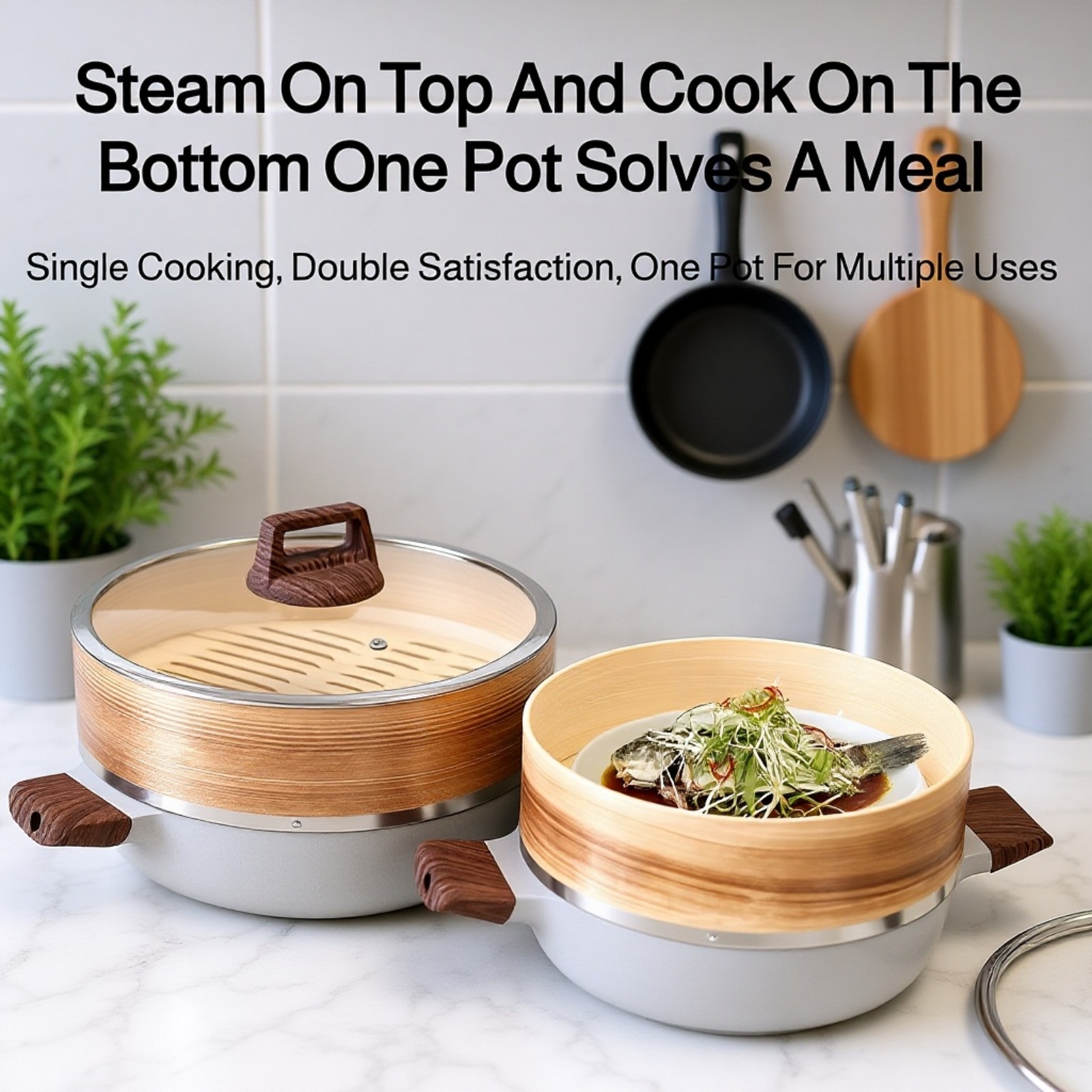 Steamer basket filled with fresh vegetables ready to cook