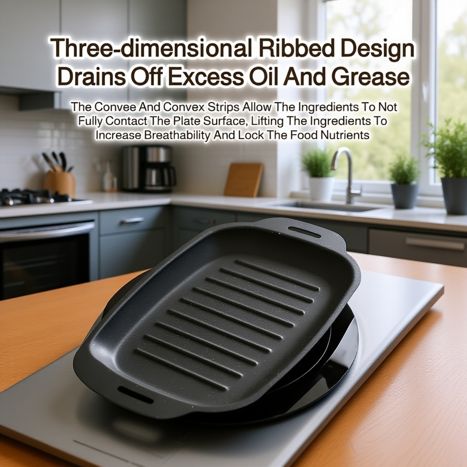 Rectangular BBQ grill pan with food cooking outdoors