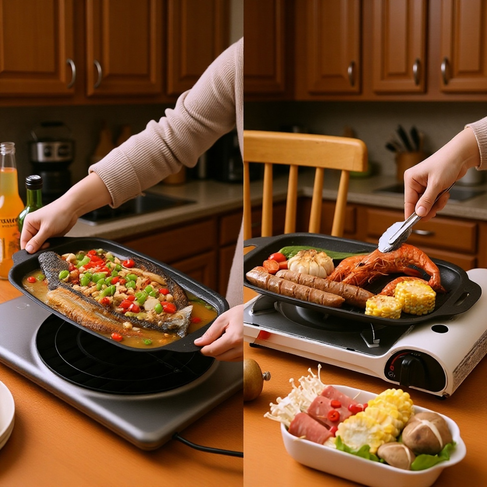 Outdoor grilling with non-stick rectangular pan