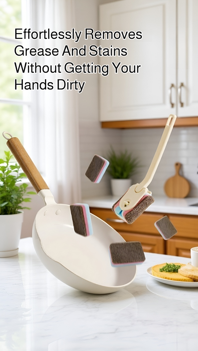 Long handle cleaning brush with scrubbing sponge for kitchen surfaces