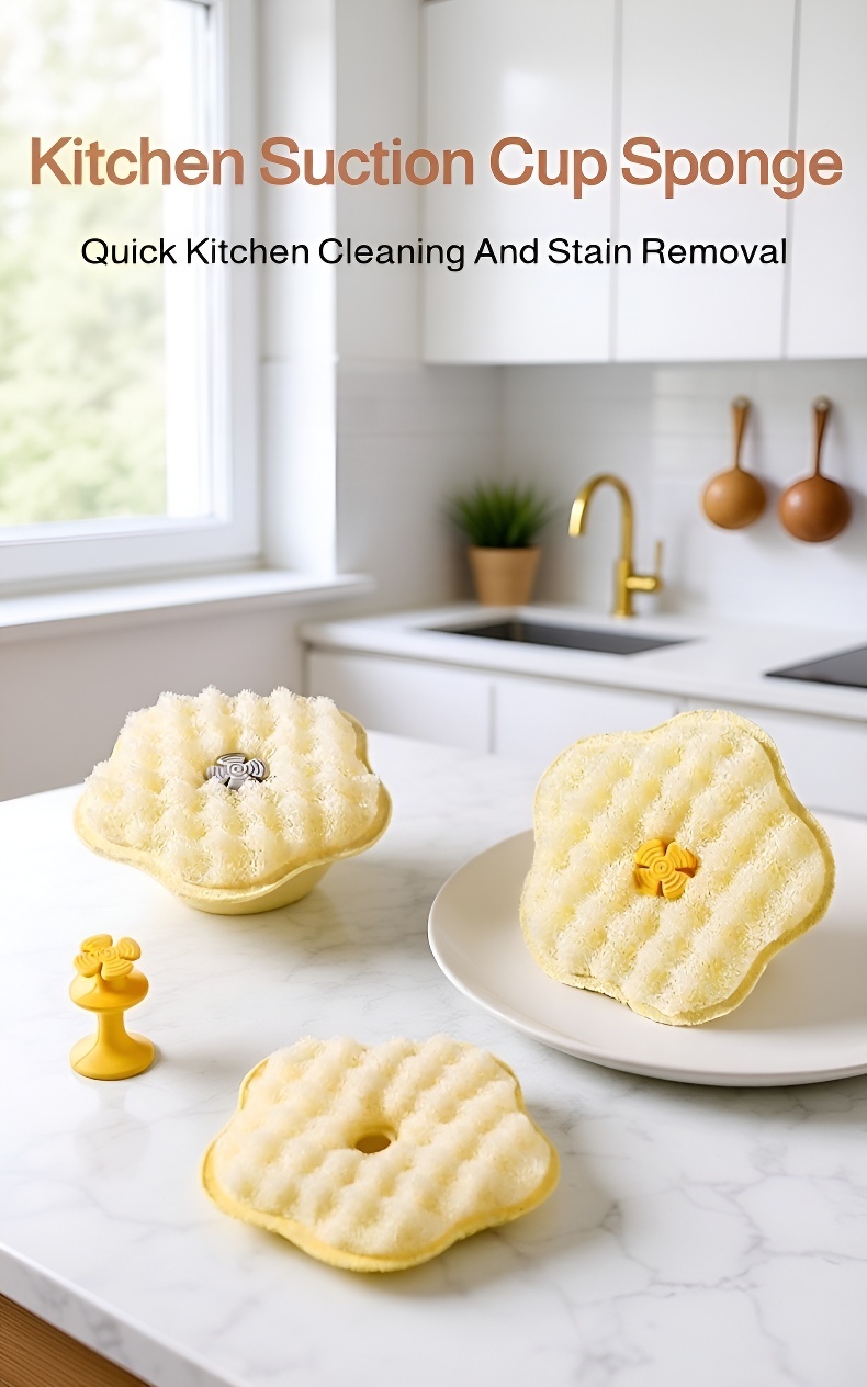 Double-sided suction cup dish sponge for kitchen cleaning