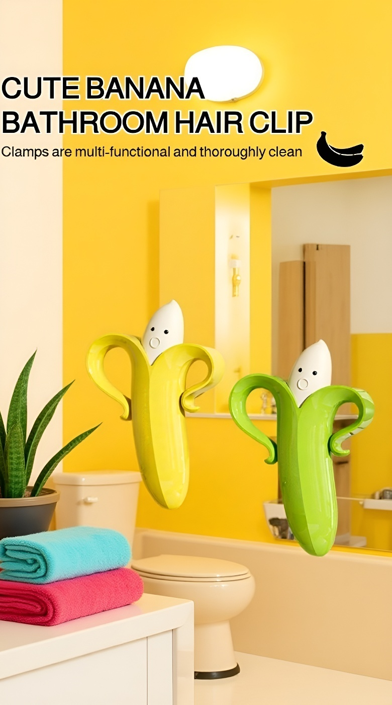 Magnetically attached banana-shaped hair cleaning clip in bathroom setting