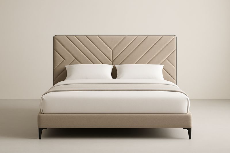 Lit double en tissu beige avec tête de lit capitonnée 160x200×120cm