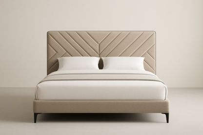 Lit double en tissu beige avec tête de lit capitonnée 160x200×120cm