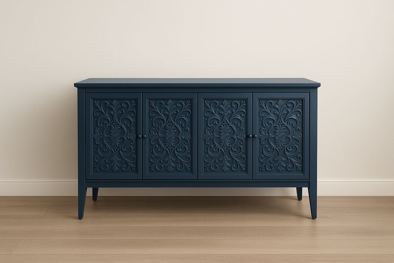 Buffet en Bois avec Portes Sculptées Bleu Marine 150x45x80 cm