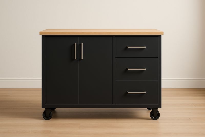 Chariot de Rangement en Bois et Métal Noir avec 3 Tiroirs et 2 Portes