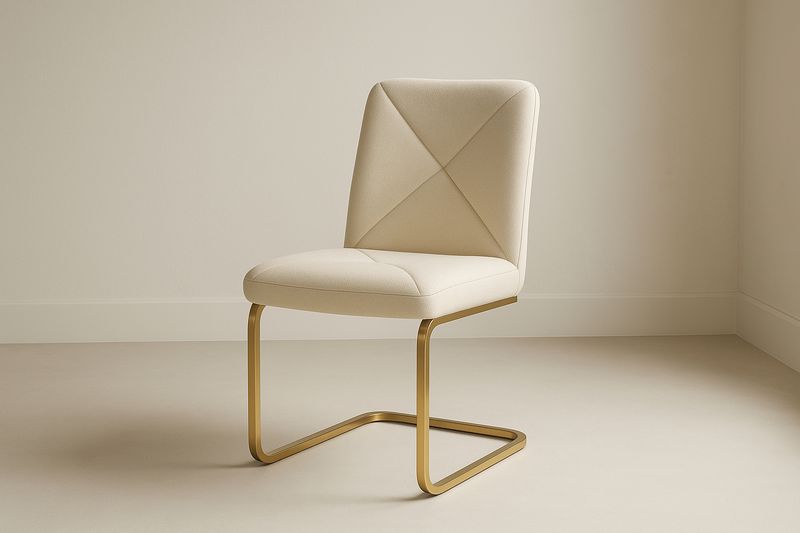 Chaise en tissu beige avec structure en métal doré