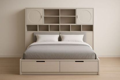 Lit double en bois clair avec rangement intégré et étagère