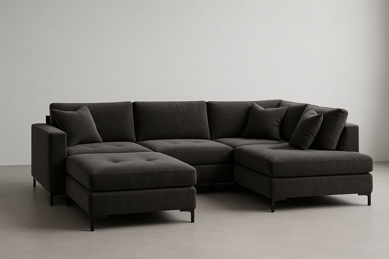 Canapé d'angle, en tissu polyester tissé gris anthracite, coussins inclus.