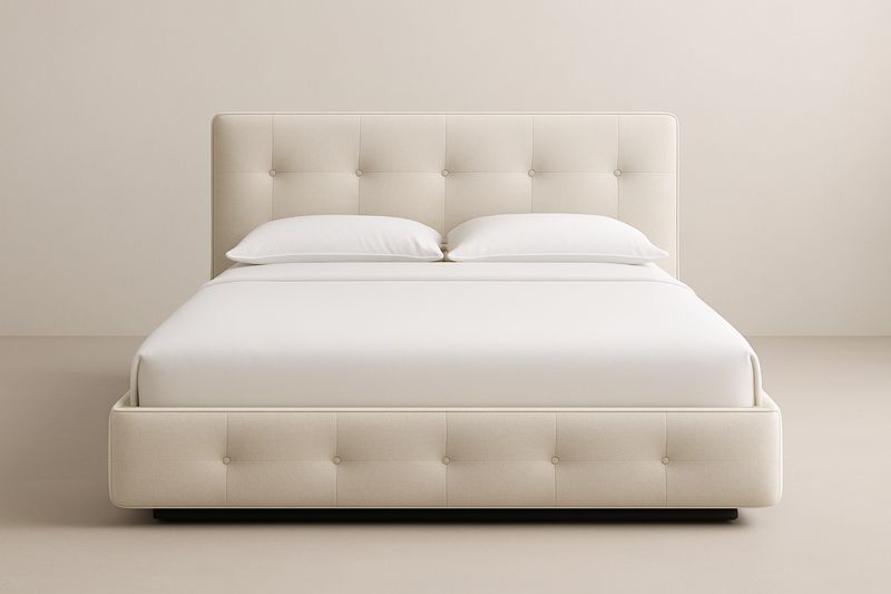 Lit double en bois recouvert de tissu beige, dimensions : 200 x 160 x 100 cm