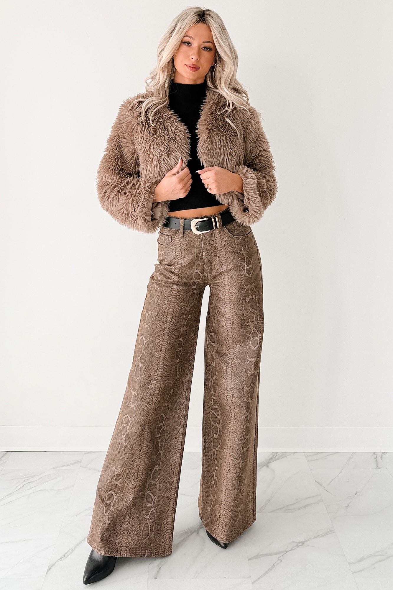 Gilded Touch Faux Fur Long Sleeve Crop Jacket (Cocoa)-The Formal Wear