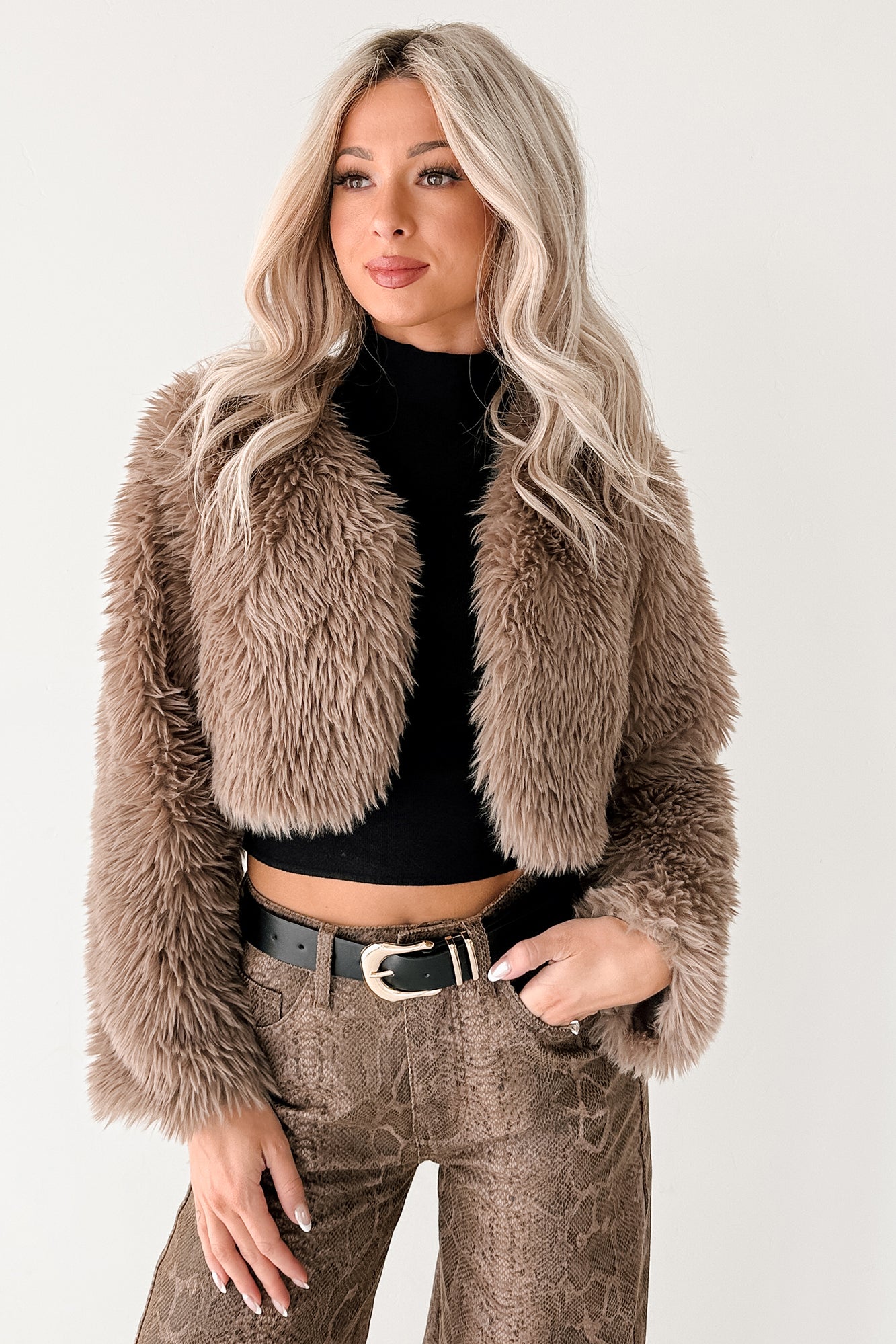 Gilded Touch Faux Fur Long Sleeve Crop Jacket (Cocoa)-The Formal Wear