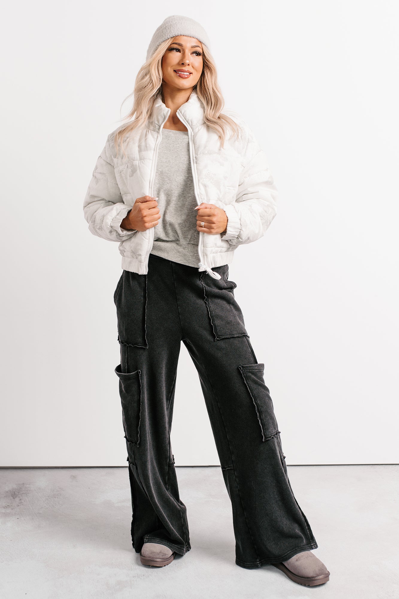 Winter Blooms Floral Puffer Jacket (White/Grey)-The Formal Wear