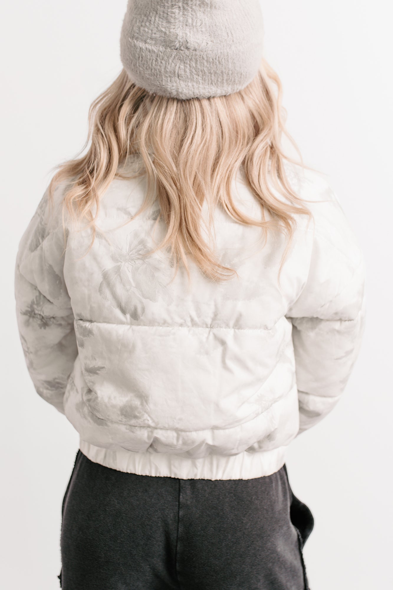Winter Blooms Floral Puffer Jacket (White/Grey)-The Formal Wear