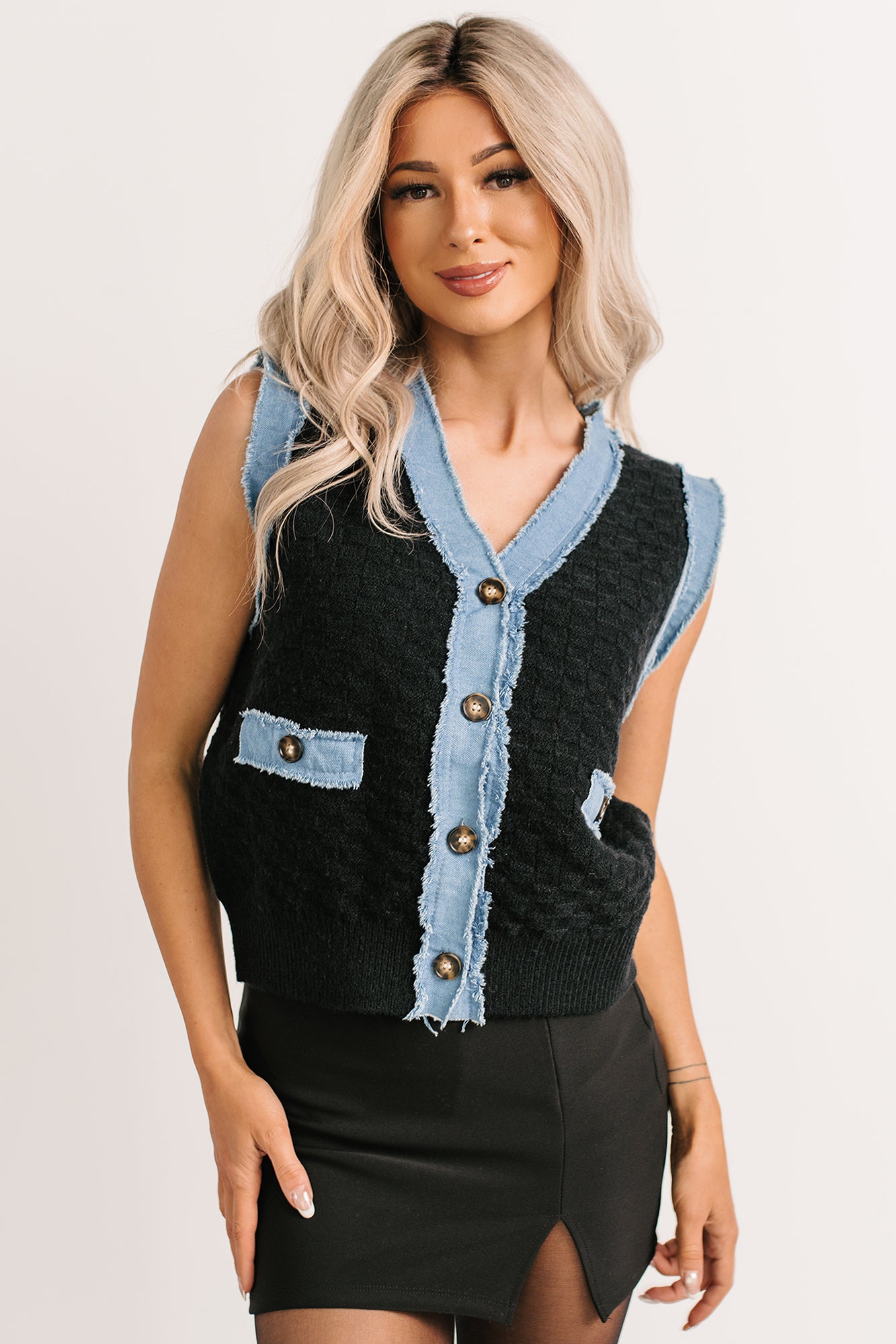 Born For Bold Striped Denim Trim Vest Top (Black)-The Formal Wear