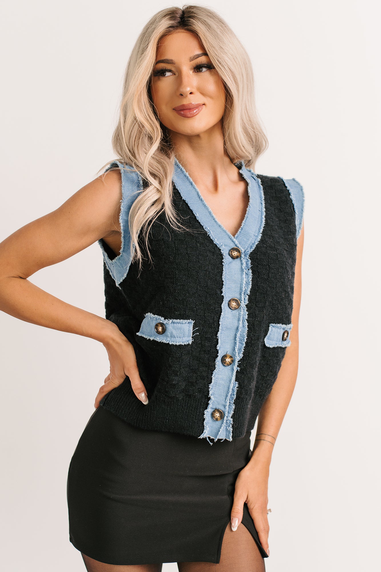 Born For Bold Striped Denim Trim Vest Top (Black)-The Formal Wear