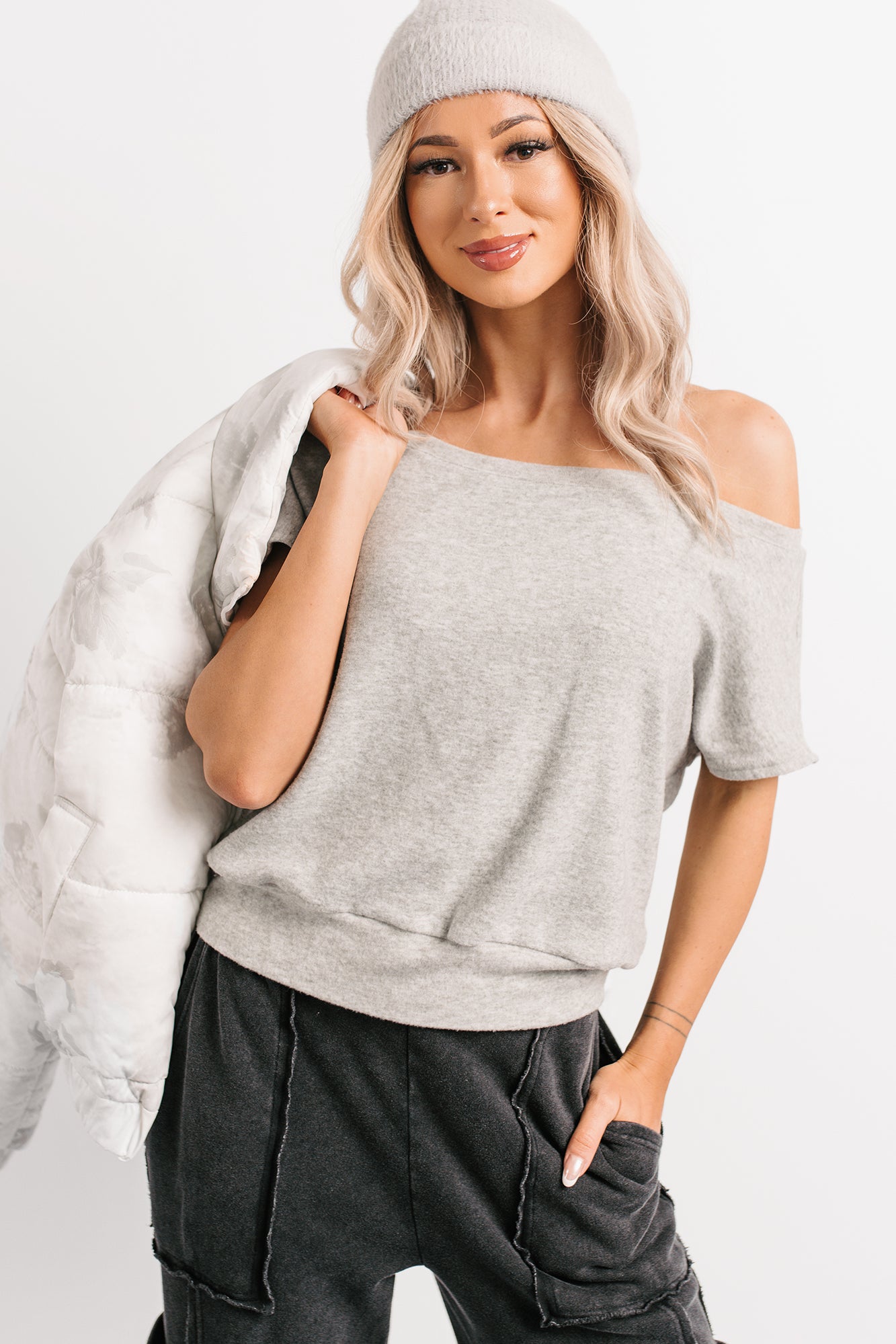 Meet Me There One Shoulder Short Sleeve Top (Heather Grey)-The Formal Wear