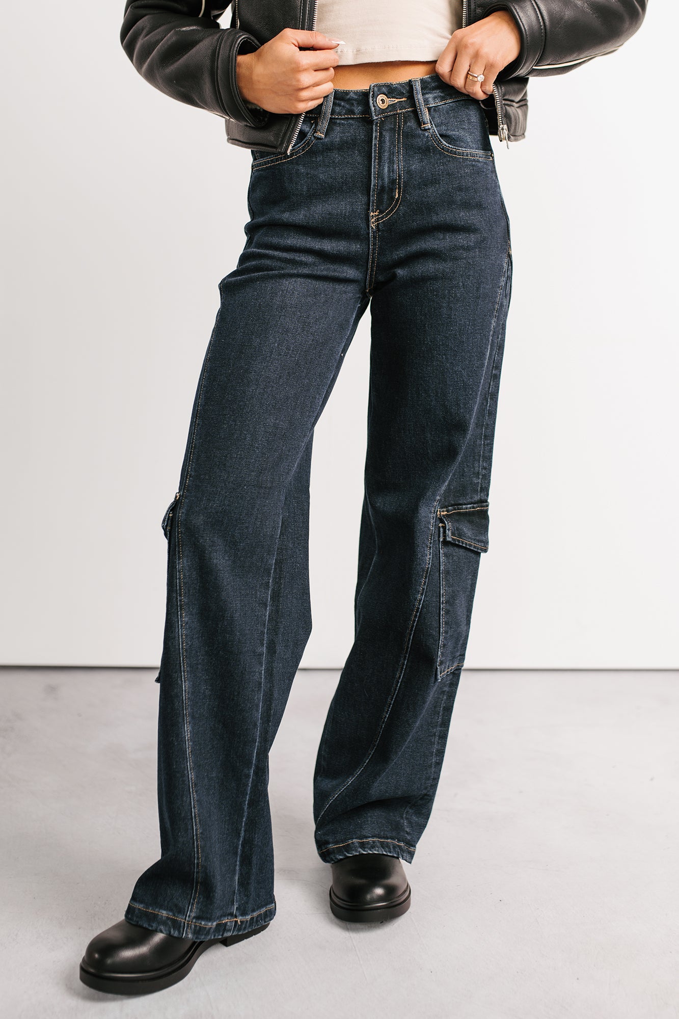Crosby Wide Leg Mica Denim Cargo Jeans (Dark Wash)-The Formal Wear