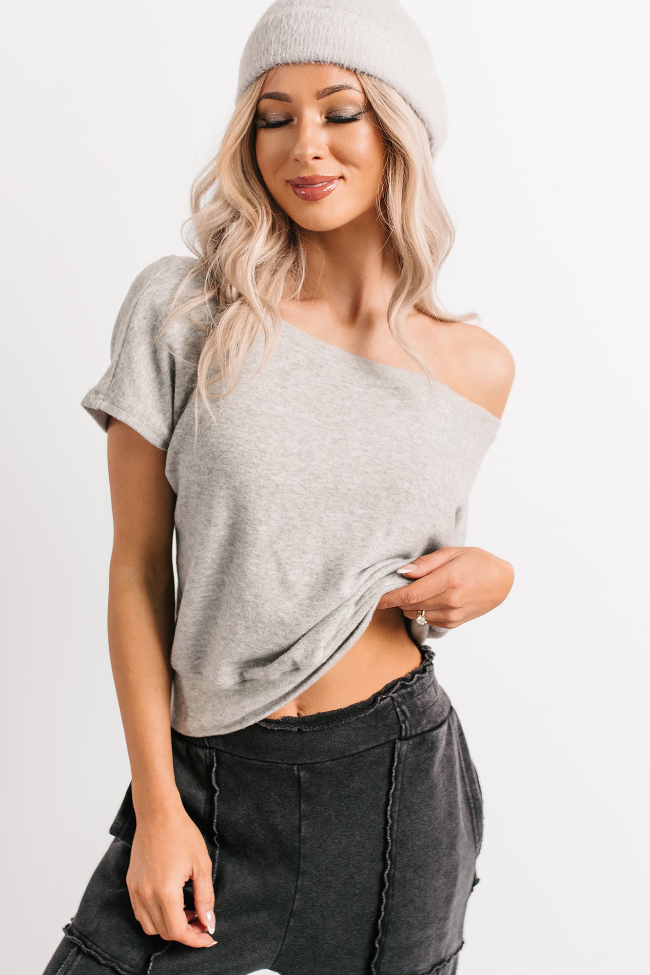 Meet Me There One Shoulder Short Sleeve Top (Heather Grey)-The Formal Wear