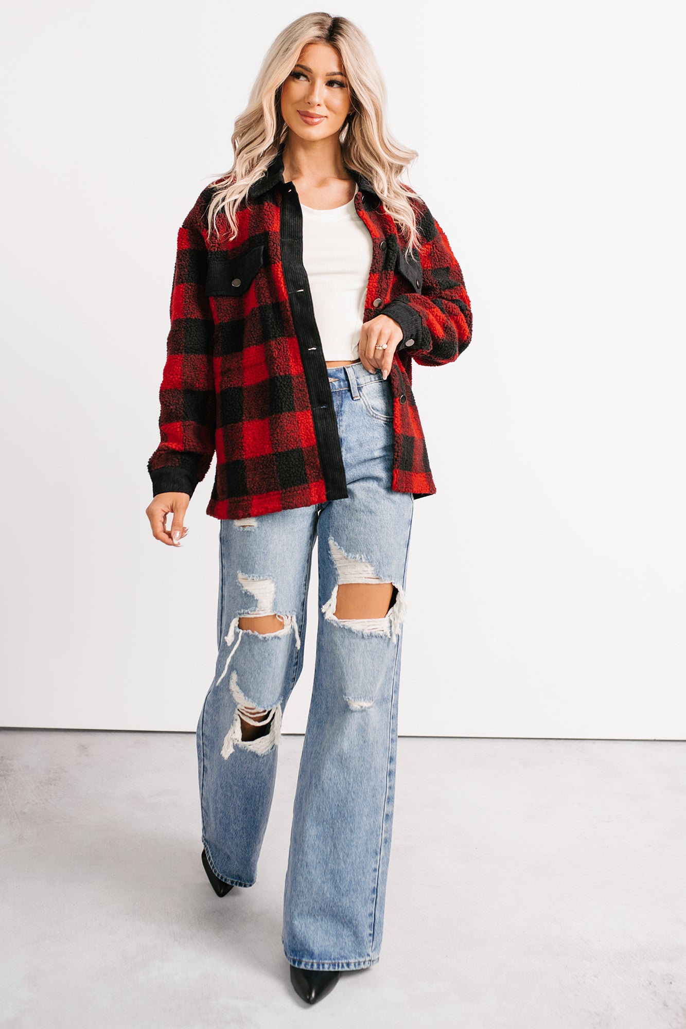 Holiday Hideaway Plaid Button-Up Sherpa Jacket (Red)-The Formal Wear