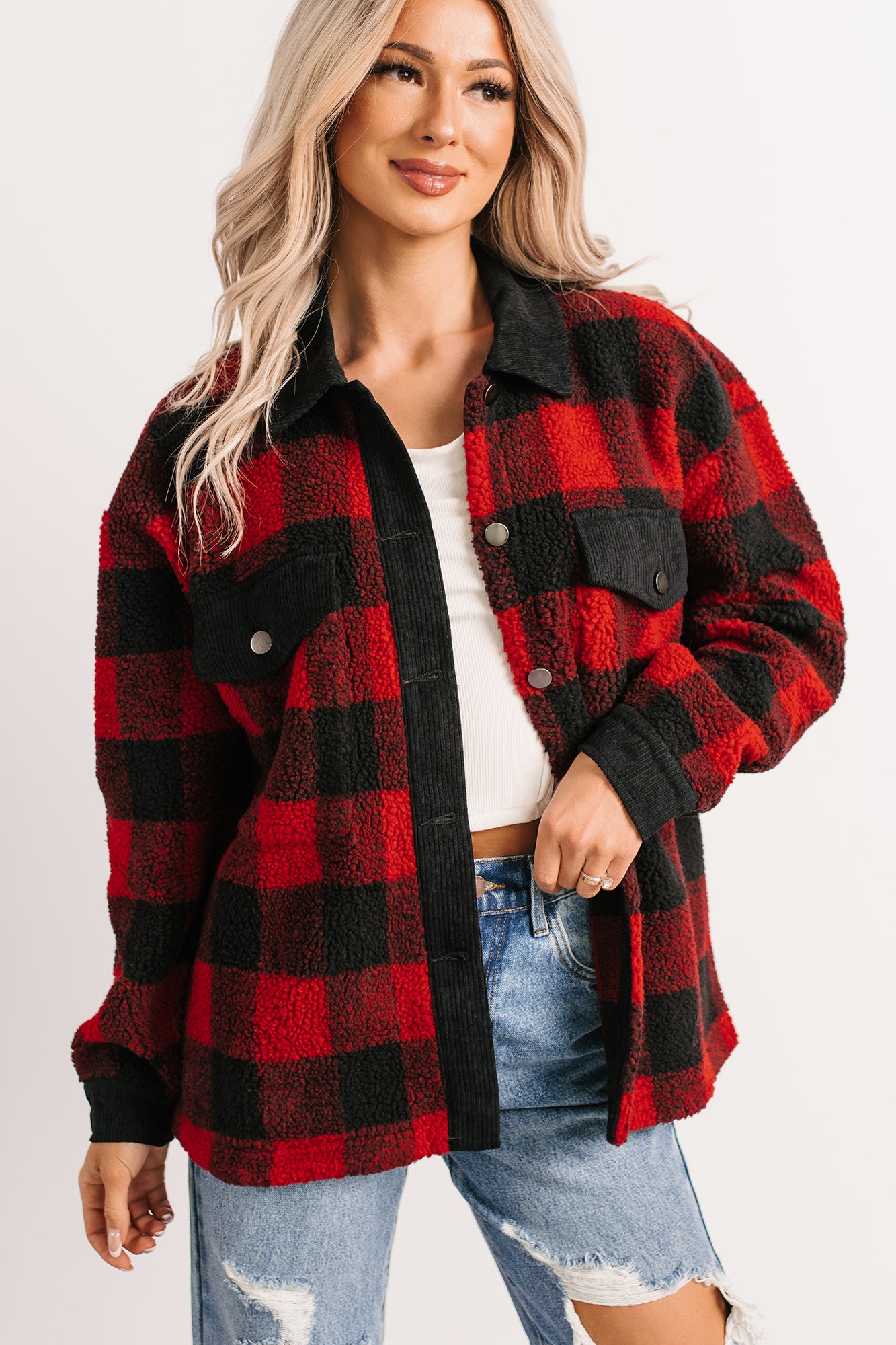 Holiday Hideaway Plaid Button-Up Sherpa Jacket (Red)-The Formal Wear