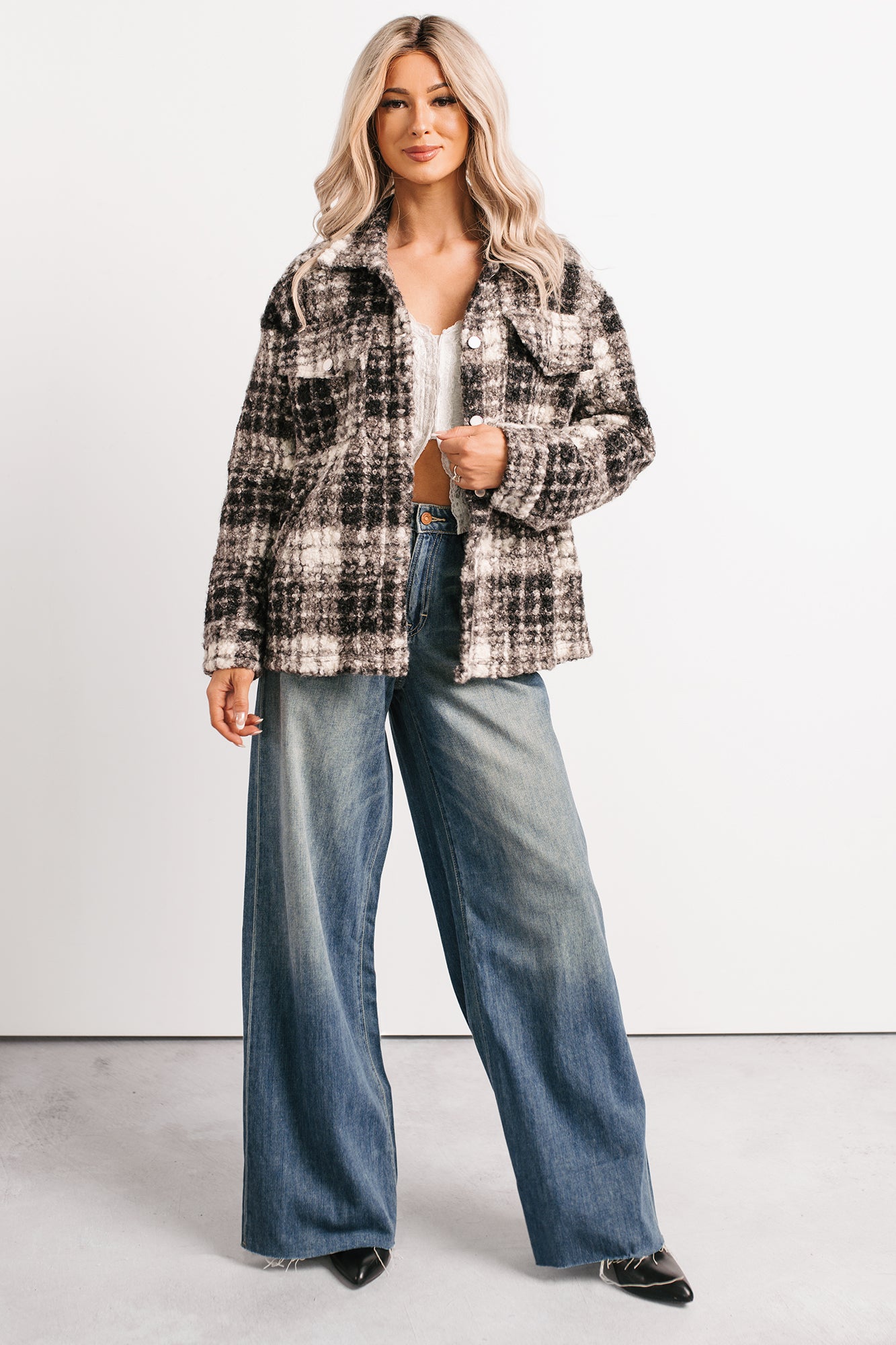 Deadline Driven Plaid Boucle Button-Up Jacket (Black)-The Formal Wear