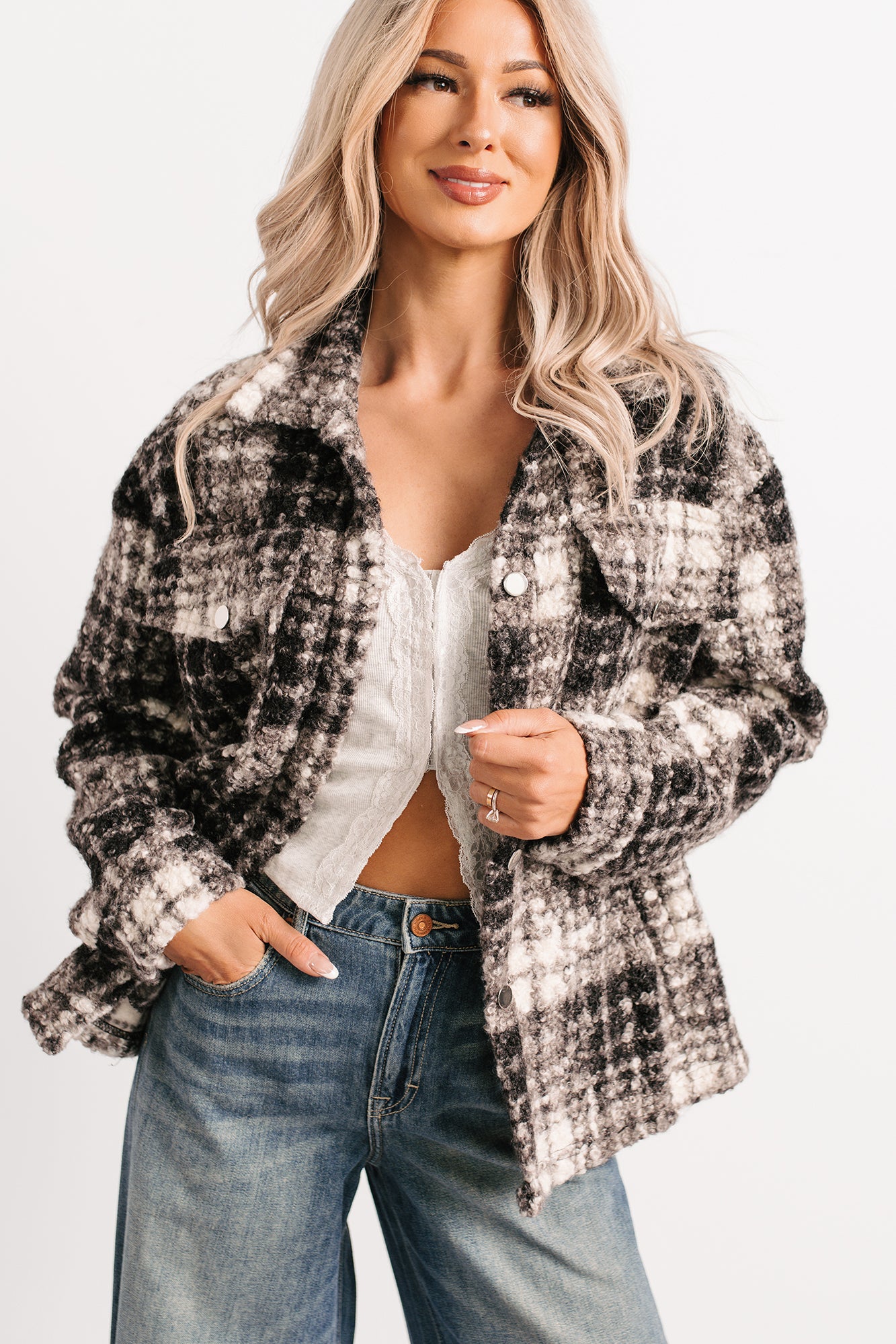 Deadline Driven Plaid Boucle Button-Up Jacket (Black)-The Formal Wear