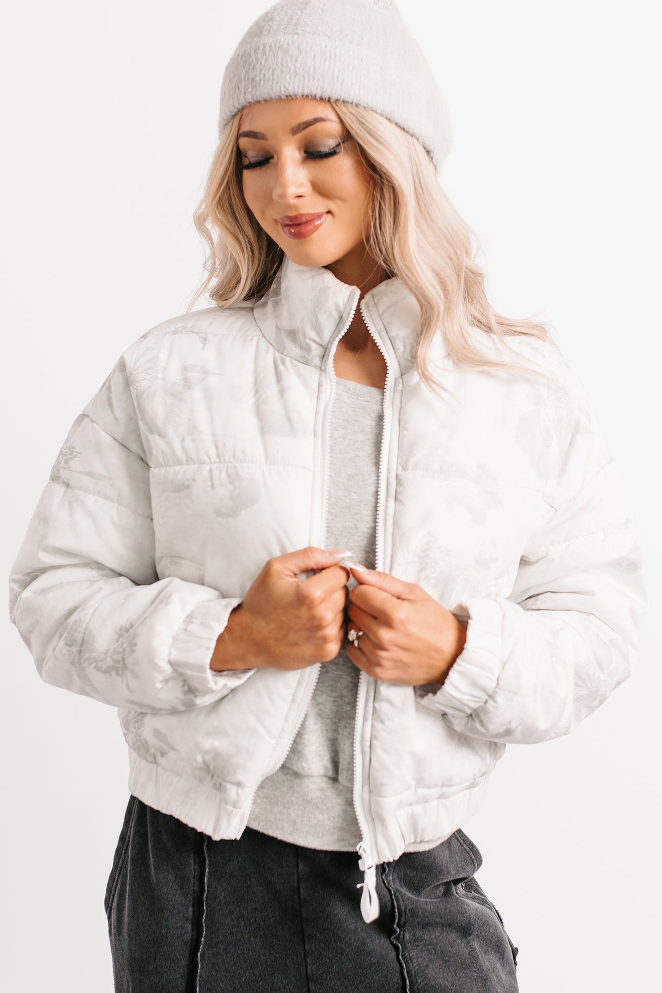 Winter Blooms Floral Puffer Jacket (White/Grey)-The Formal Wear