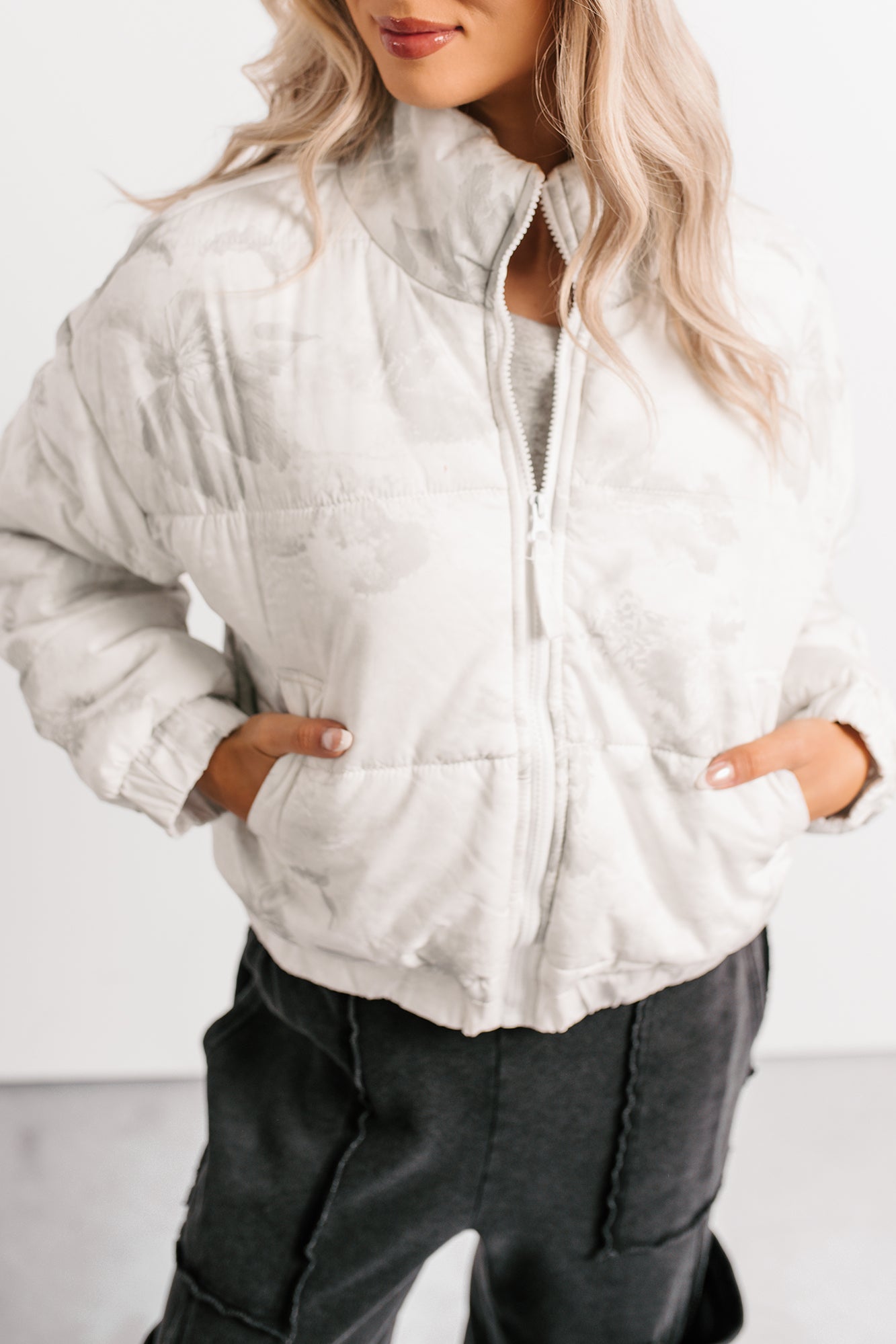 Winter Blooms Floral Puffer Jacket (White/Grey)-The Formal Wear