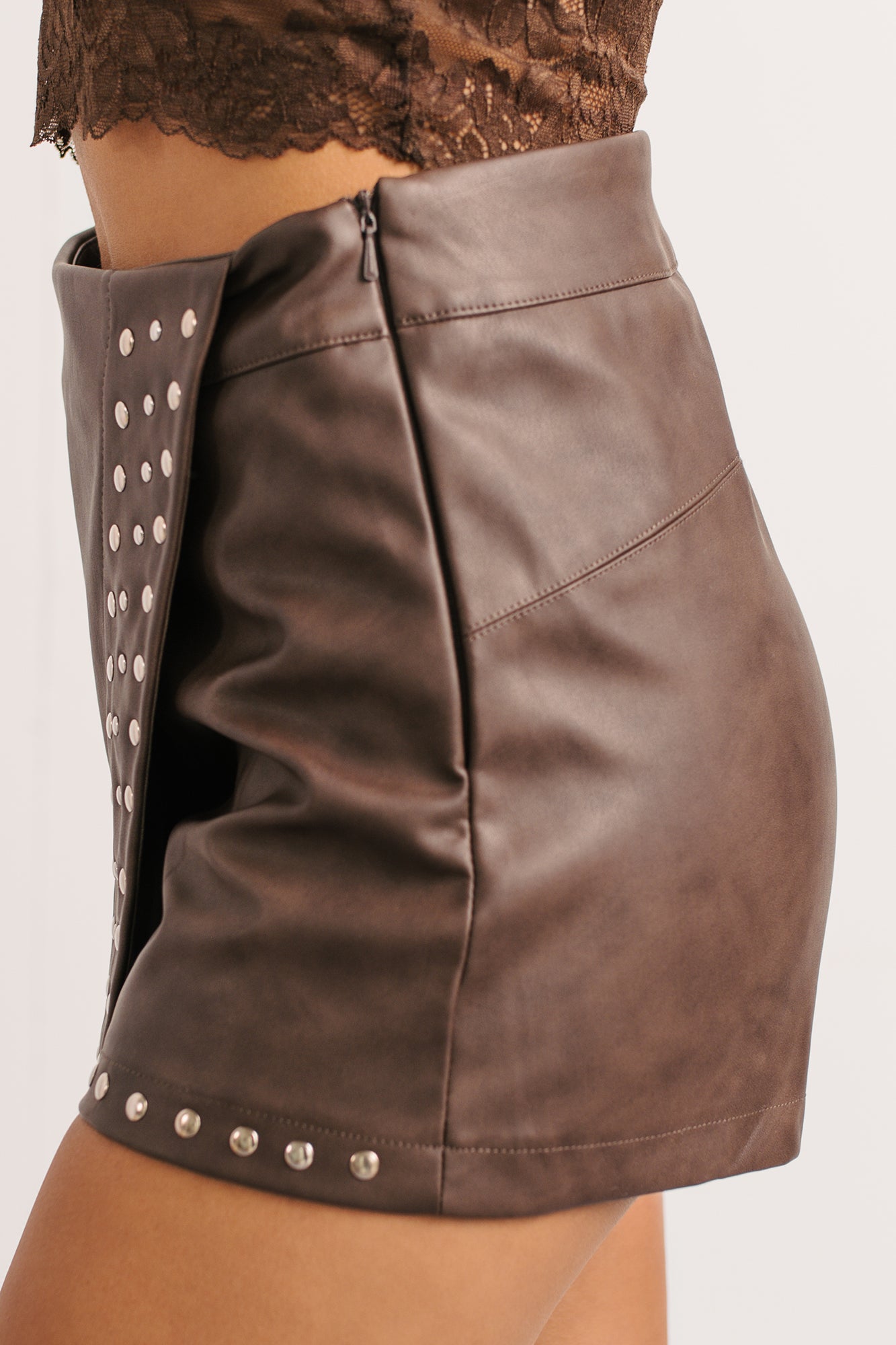 All For Me Faux Leather Studded Mini Skort (Brown)-The Formal Wear