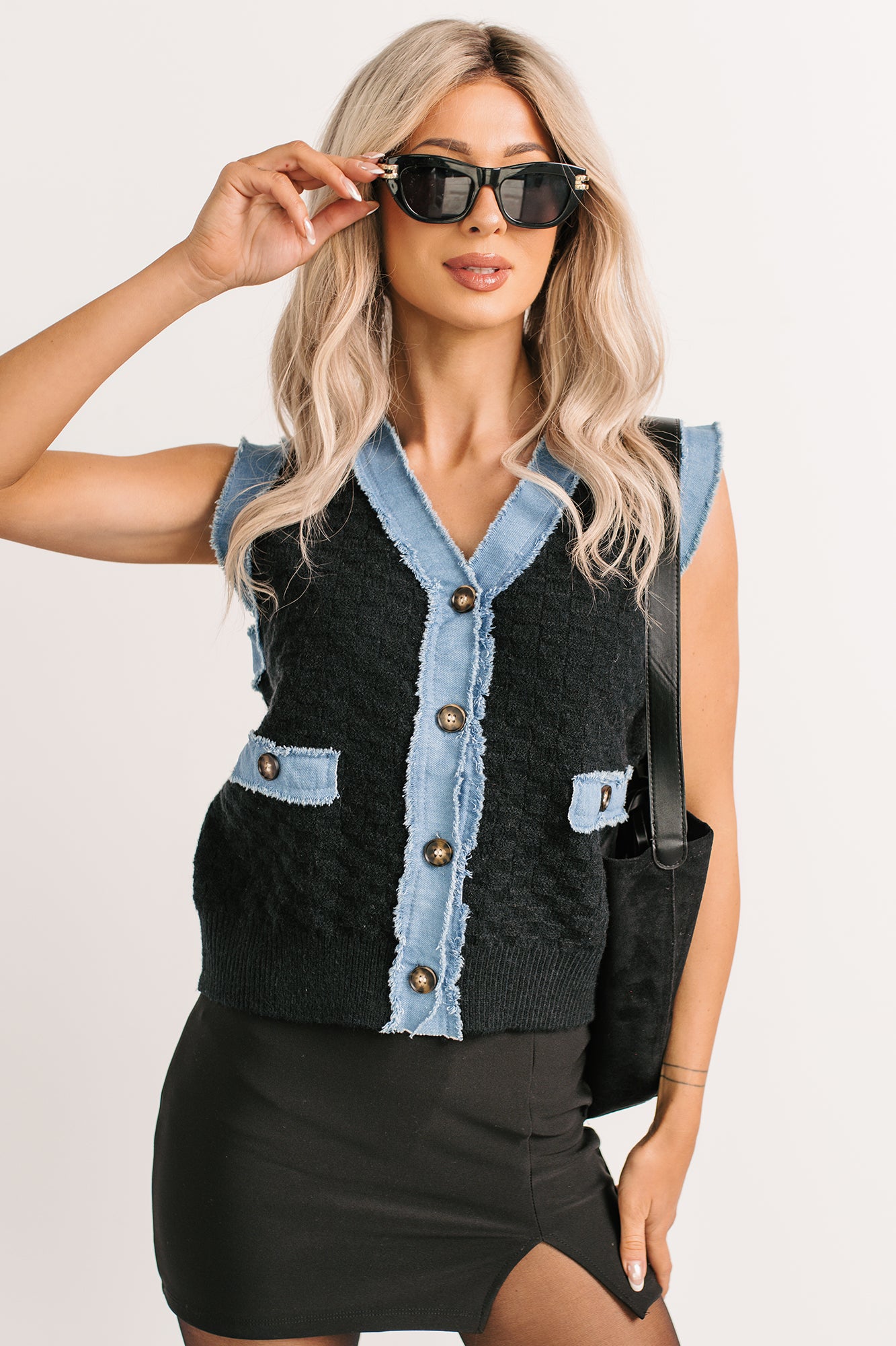 Born For Bold Striped Denim Trim Vest Top (Black)-The Formal Wear