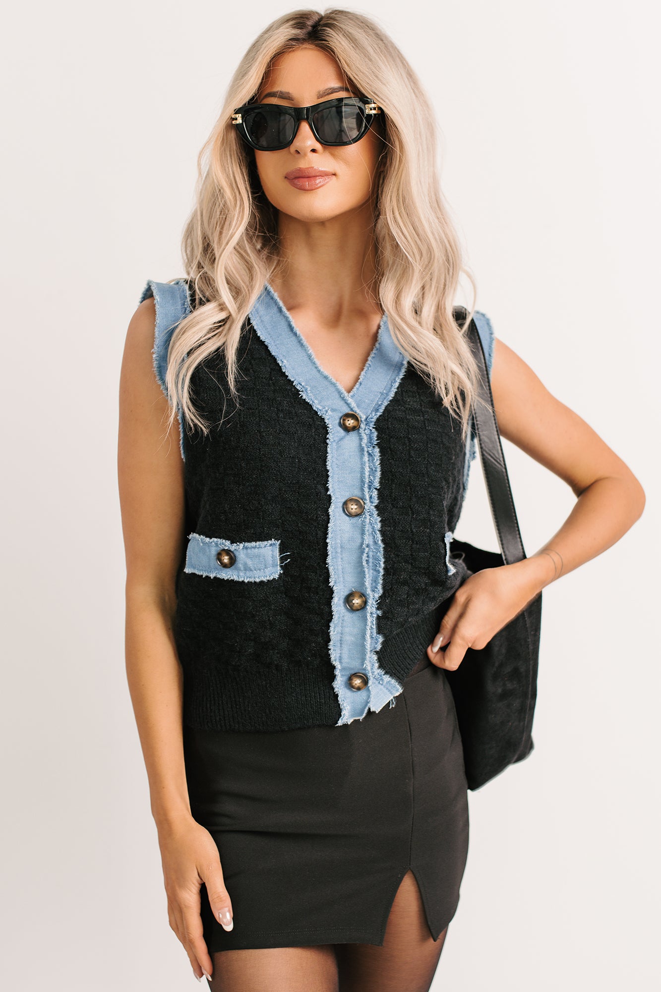 Born For Bold Striped Denim Trim Vest Top (Black)-The Formal Wear
