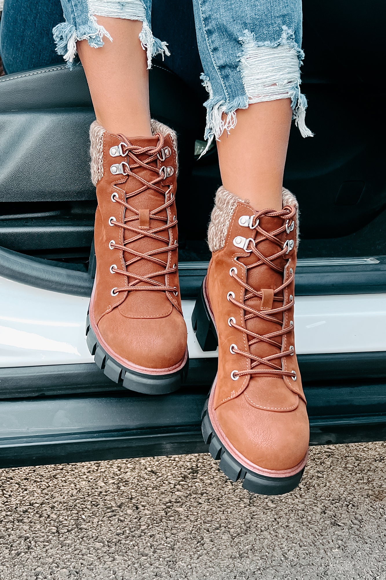 Forging New Paths Faux Suede Lace-Up Boots (Cognac)-The Formal Wear