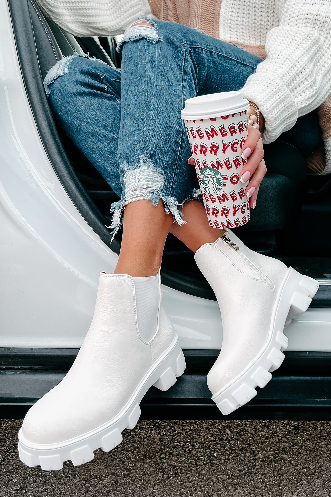 New Paths Faux Leather Chunky Sole Booties (White PU)-The Formal Wear