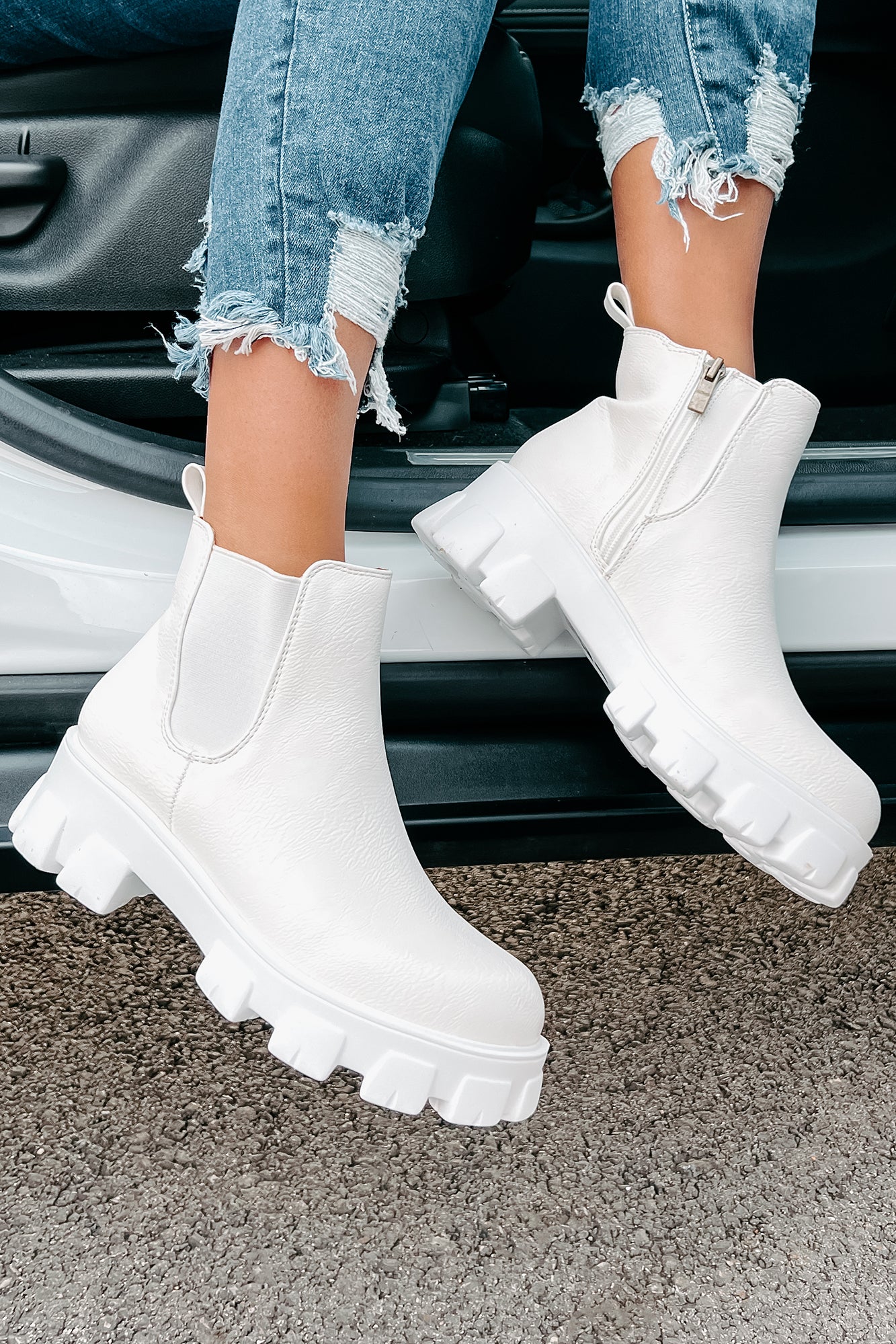 New Paths Faux Leather Chunky Sole Booties (White PU)-The Formal Wear