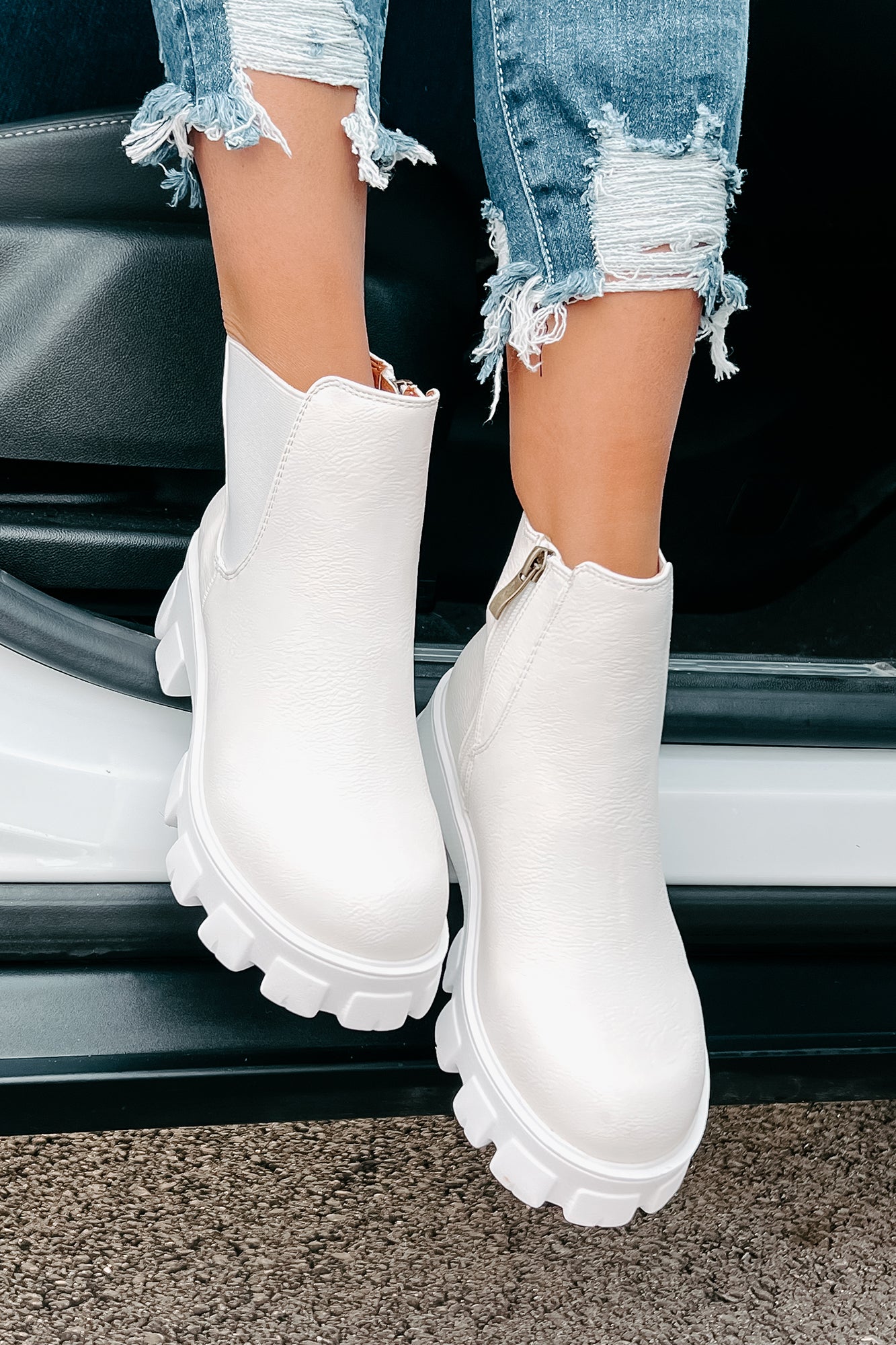 New Paths Faux Leather Chunky Sole Booties (White PU)-The Formal Wear