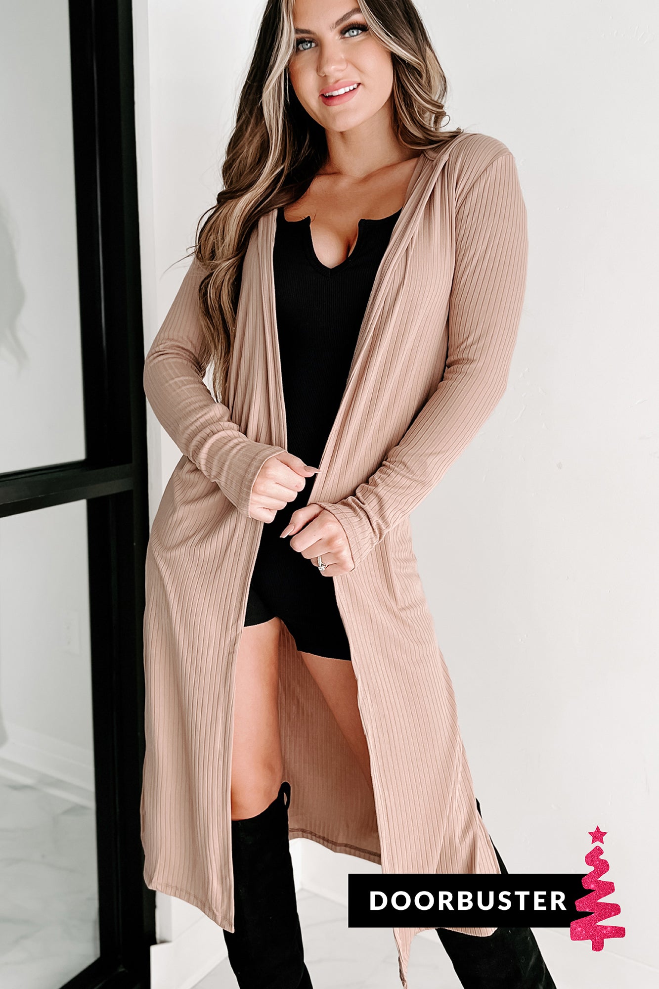 Holiday Steal- Tori Ribbed Hooded Cardigan (French Taupe)-The Formal Wear