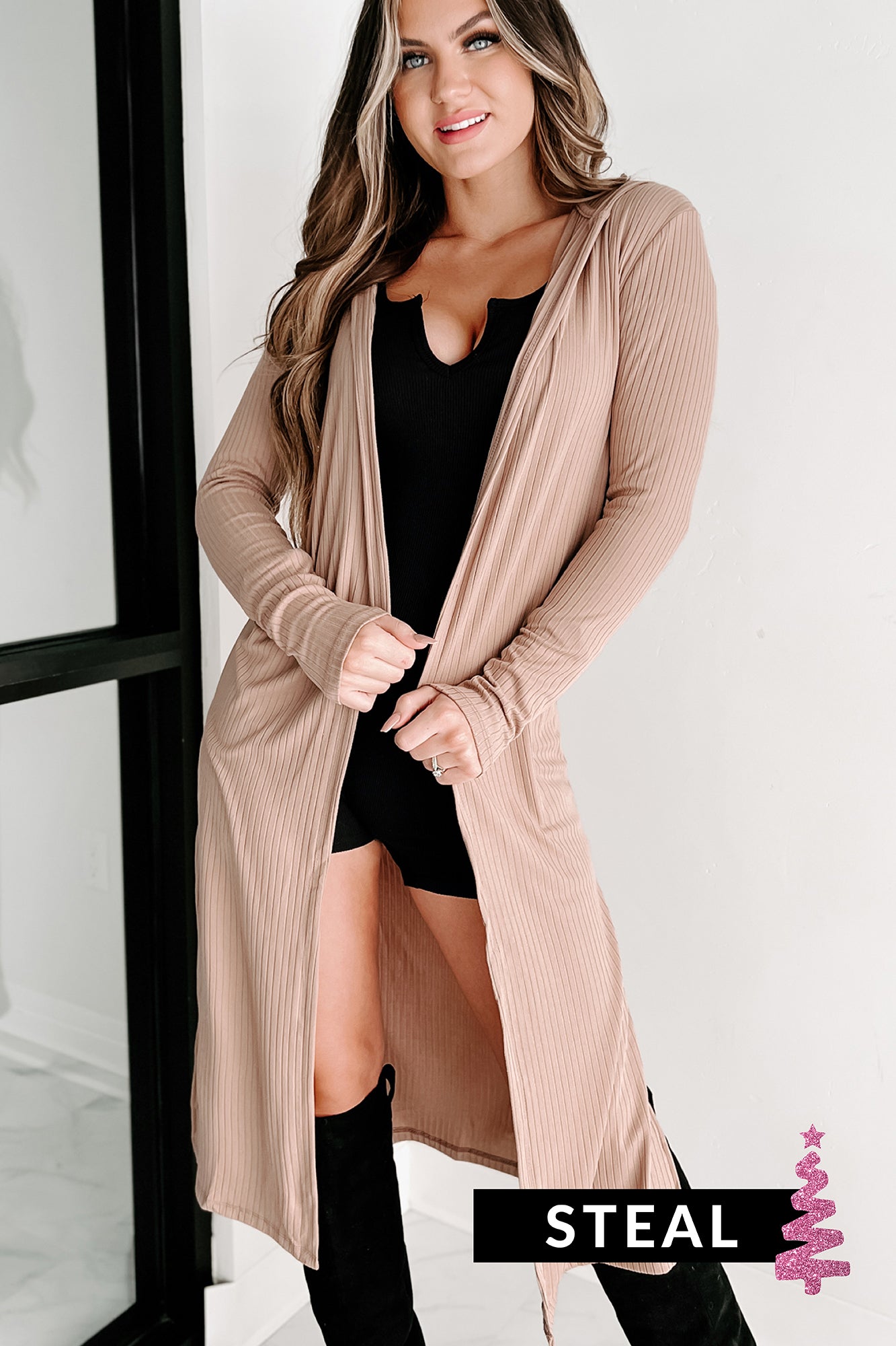 Holiday Steal- Tori Ribbed Hooded Cardigan (French Taupe)-The Formal Wear