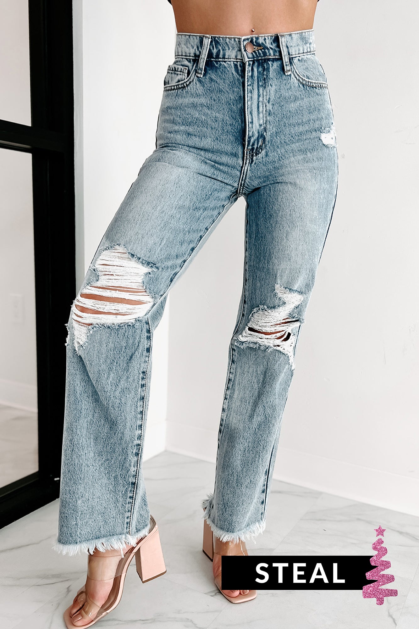 Holiday Steal- Get It Right 90's Wide Leg Distressed Jeans (Light)-The Formal Wear