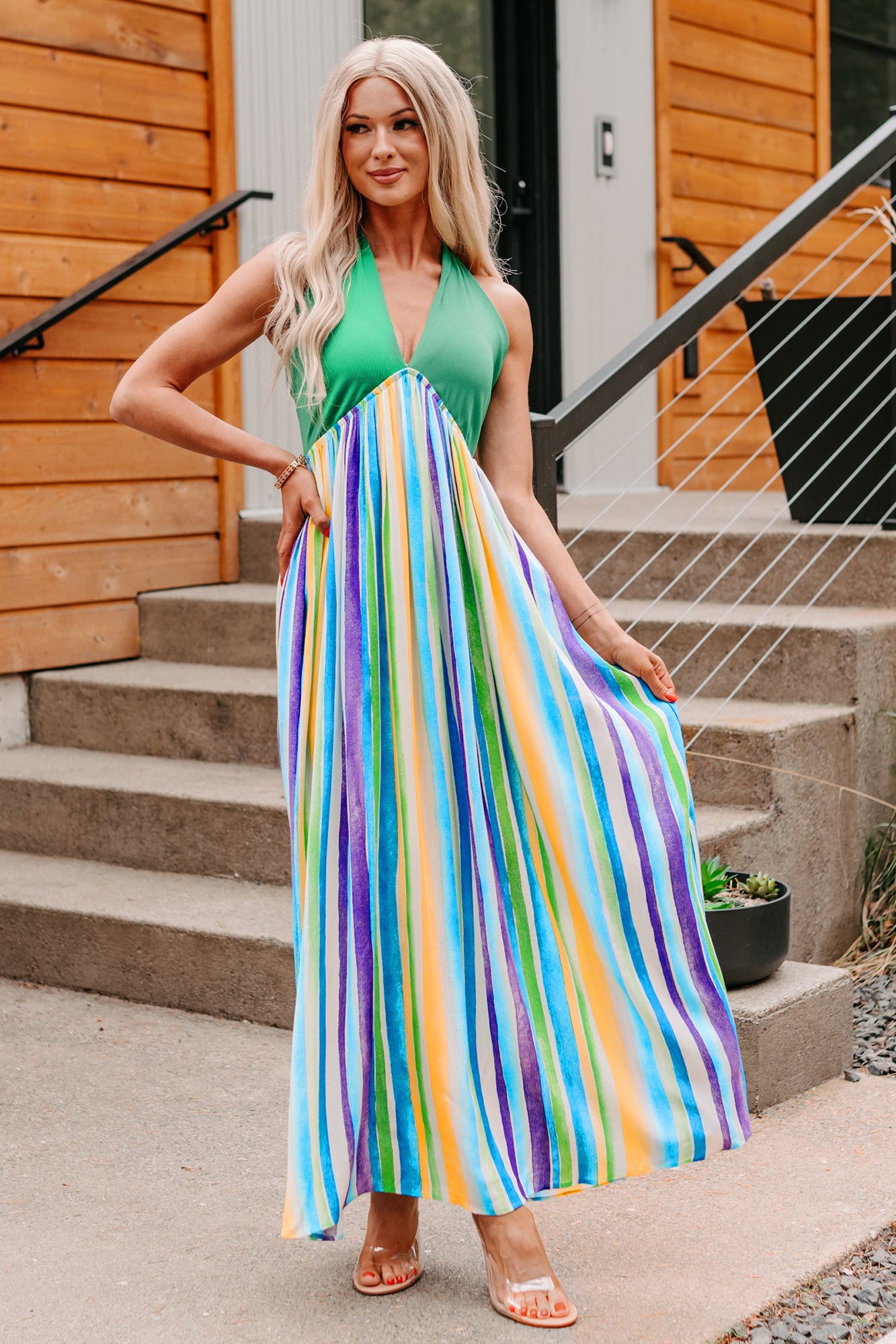 Beauty Awaits Striped Halter Maxi Dress (Green)-The Formal Wear