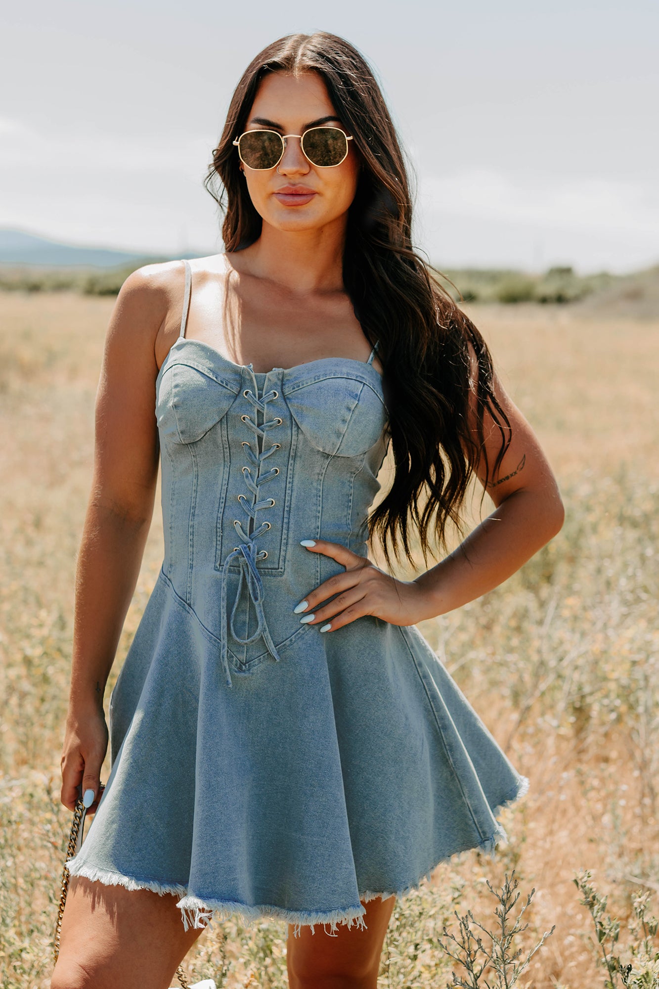 Watch Her Rise Sleeveless Denim Mini Dress (Denim)-The Formal Wear