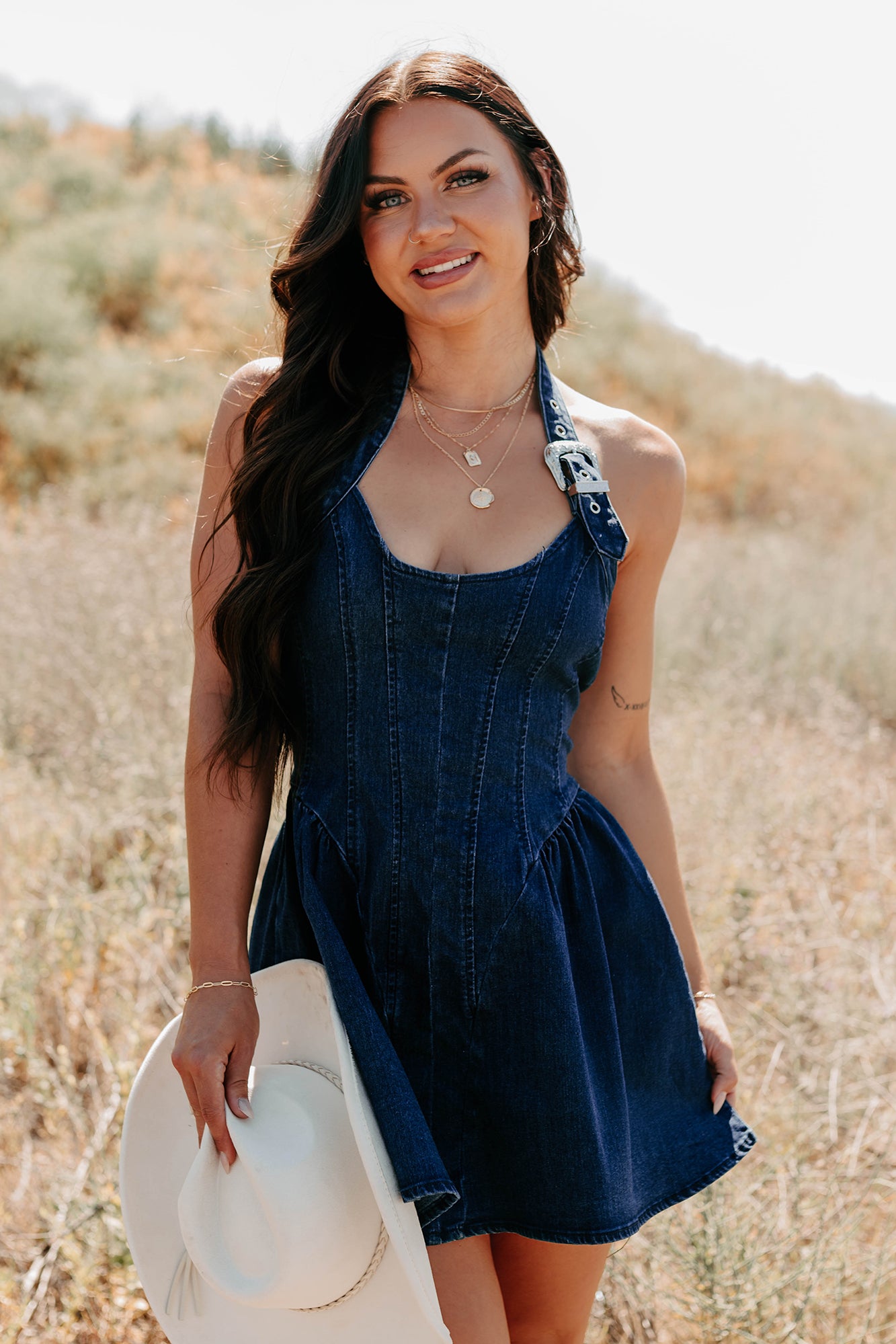 Fleeting Moments Denim Halter Mini Dress (Denim)-The Formal Wear