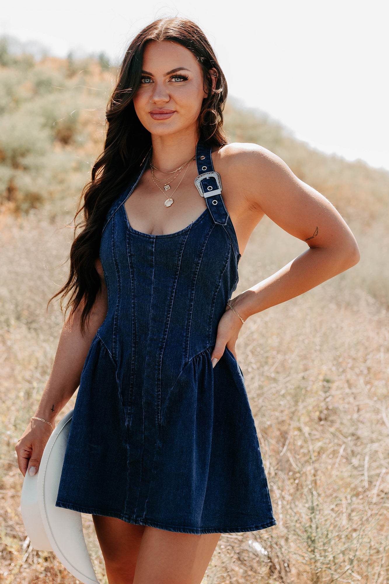 Fleeting Moments Denim Halter Mini Dress (Denim)-The Formal Wear
