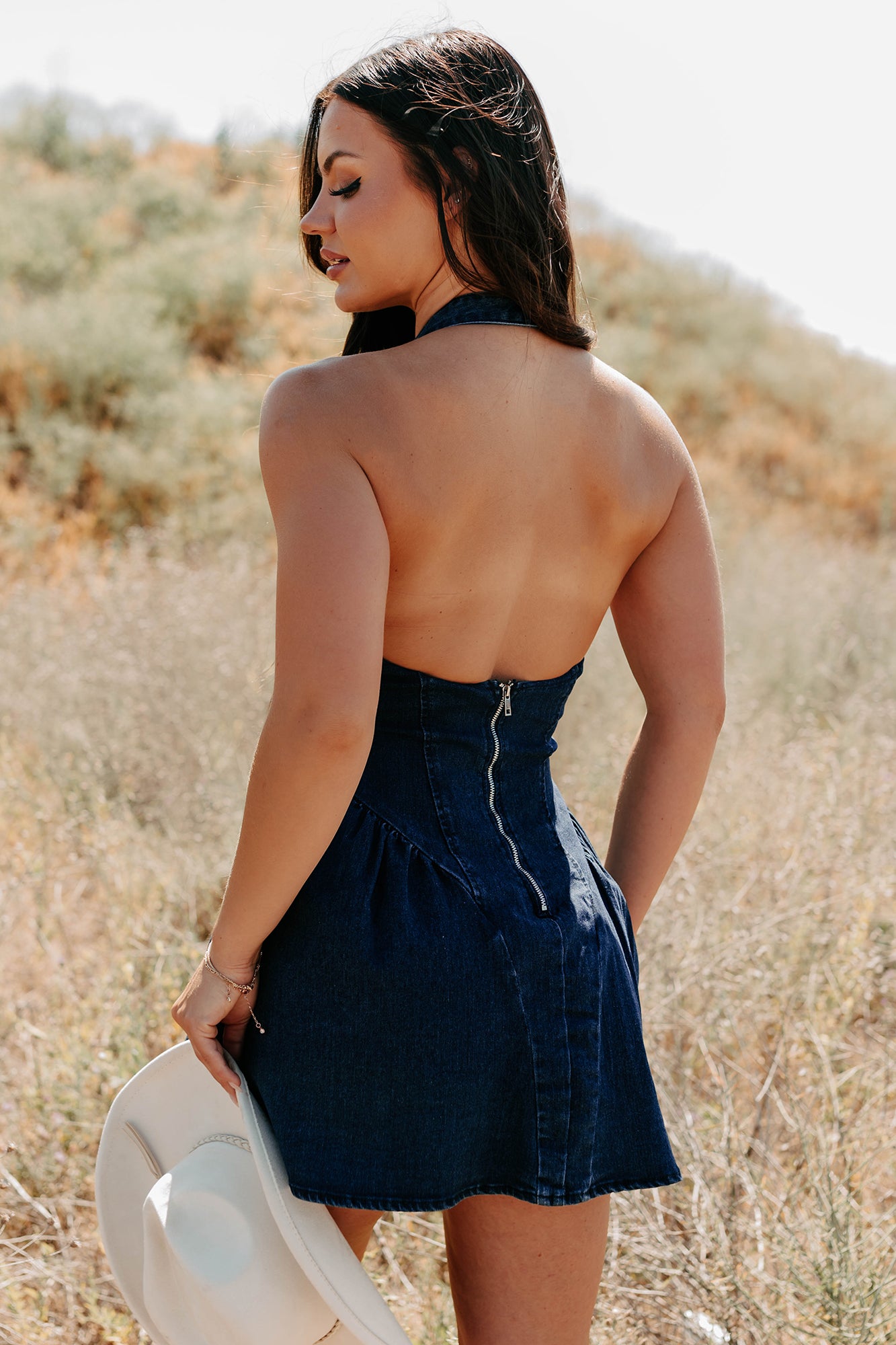 Fleeting Moments Denim Halter Mini Dress (Denim)-The Formal Wear