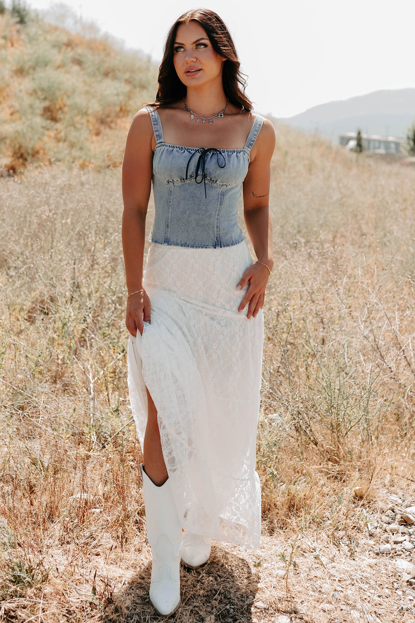 Fast Lane Living Denim Bustier Top (Denim)-The Formal Wear