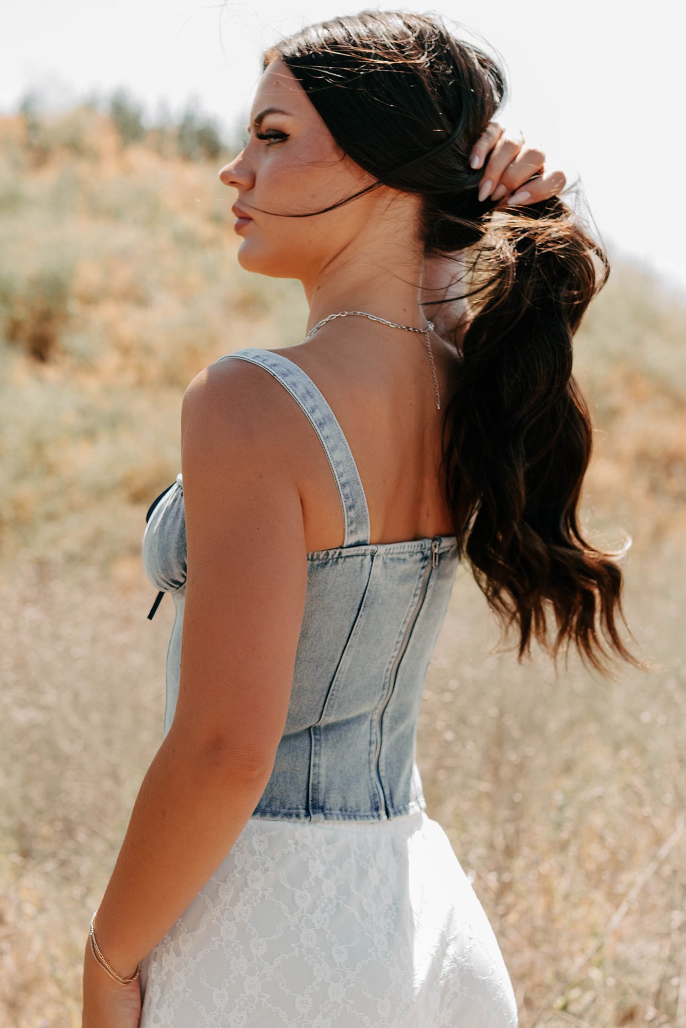 Fast Lane Living Denim Bustier Top (Denim)-The Formal Wear