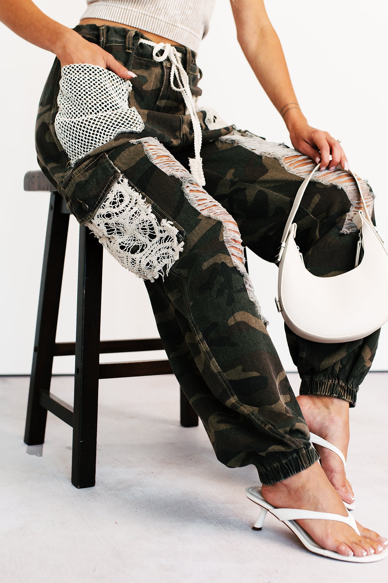 On Duty Cutie Distressed Cargo POL Joggers (Camo)-The Formal Wear