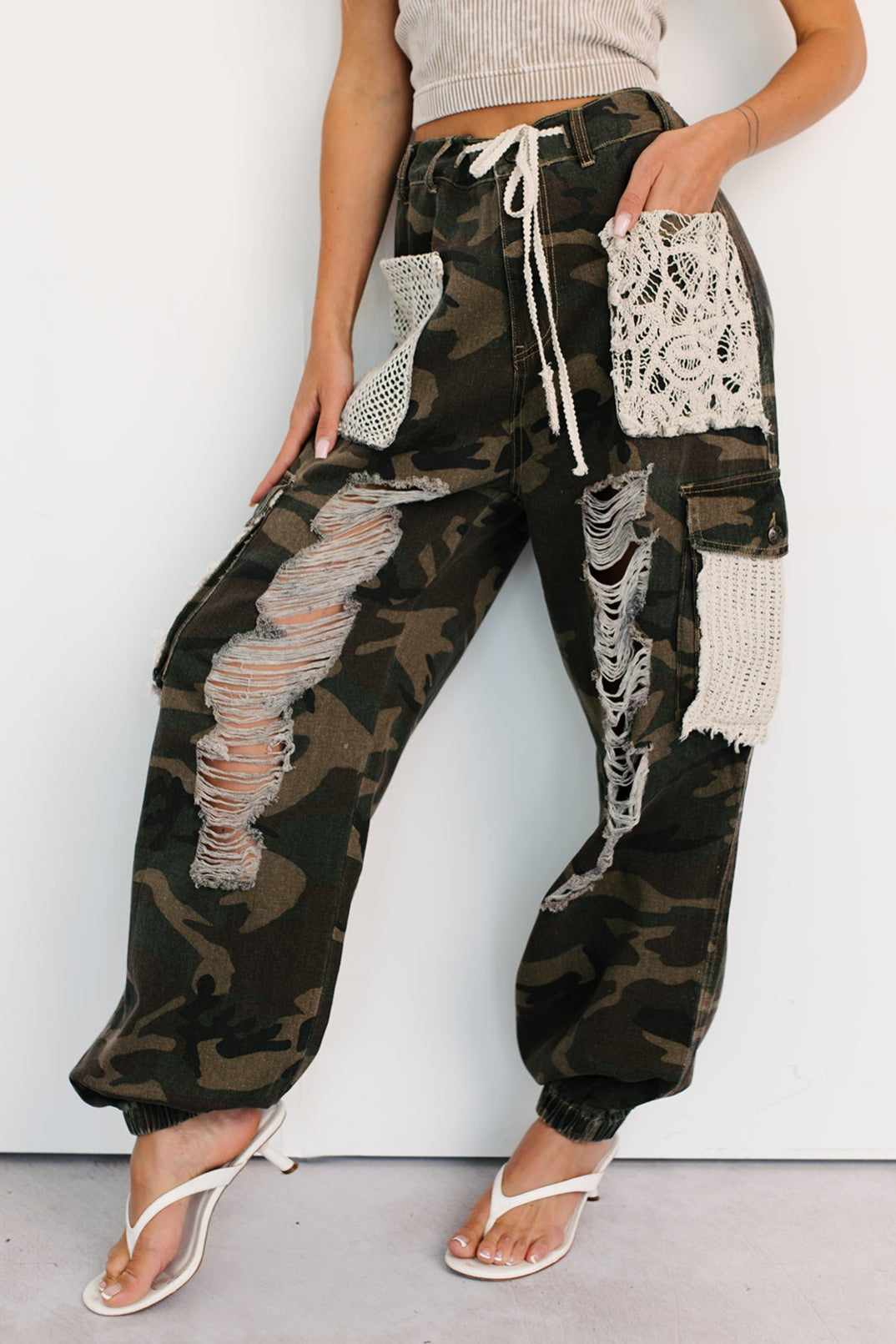 On Duty Cutie Distressed Cargo POL Joggers (Camo)-The Formal Wear