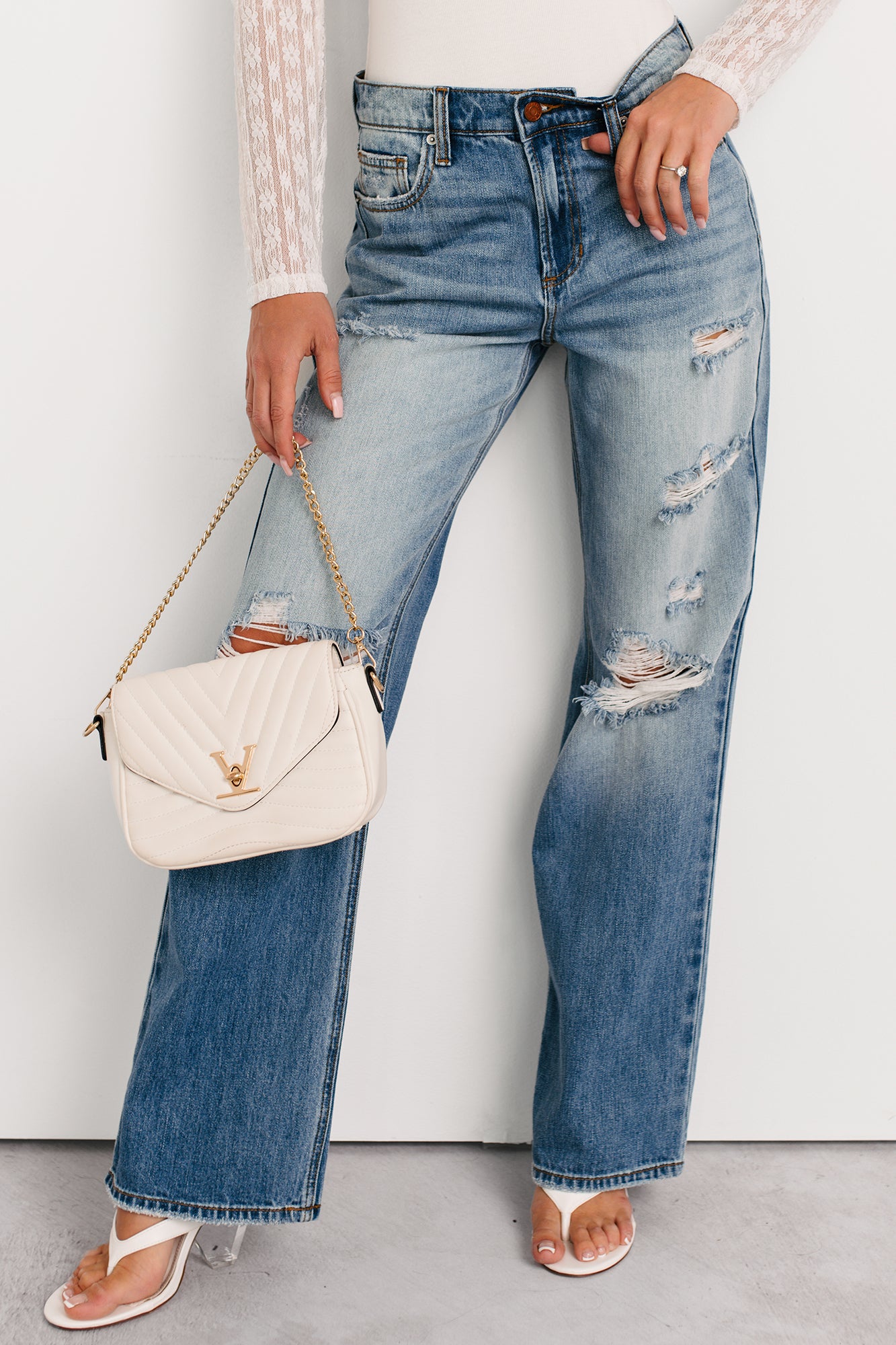 Raphael Mid-Rise Distressed Sneak Peek Jeans (Medium)-The Formal Wear